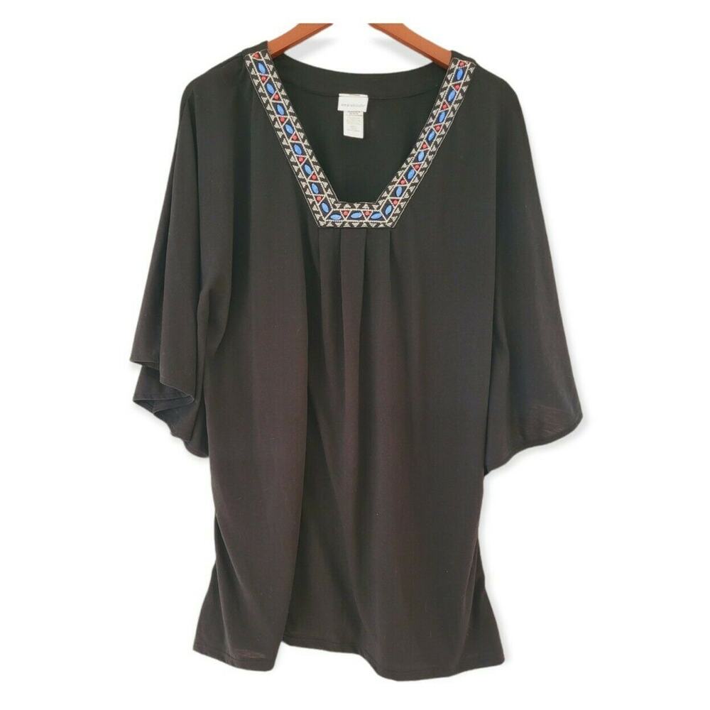 Black Tunic Top With Beads & Cape Sleeves By Wearabouts Medium